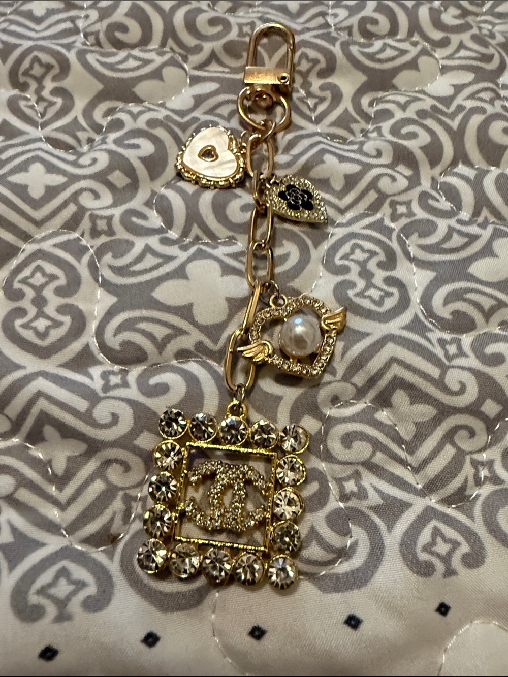 Gold-Tone Heart & Crystal Charm Purse Charm or Keychain